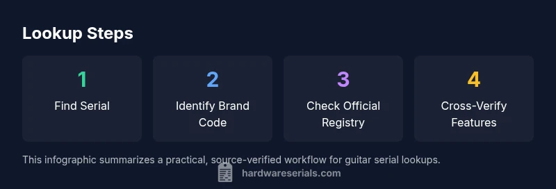 Infographic showing four-step guitar serial lookup workflow