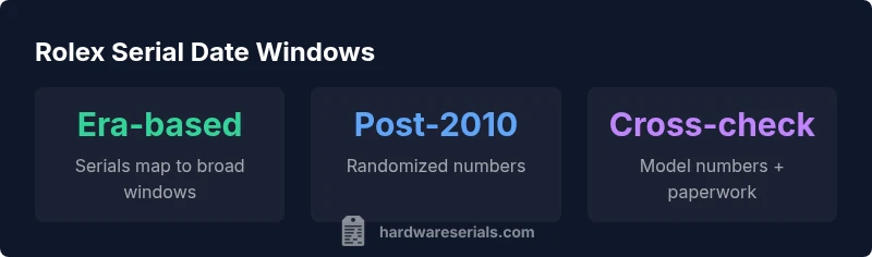 Infographic showing Rolex serial dating method steps