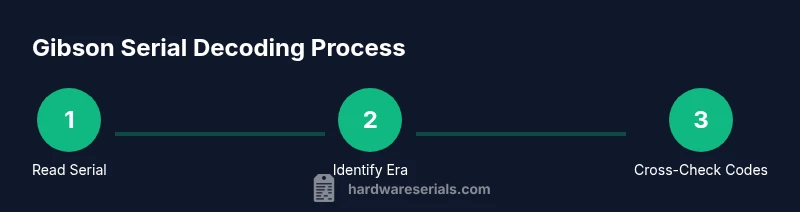 Process infographic showing reading serial, identifying era, and cross-checking codes for Gibson guitars