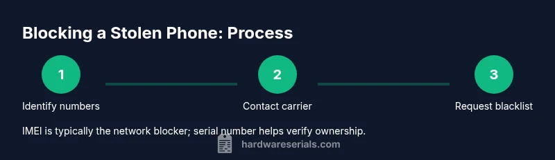 Process diagram showing how to block a stolen phone using serial number and IMEI