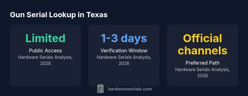 Infographic showing Texas serial lookup accessibility, official channels, and typical verification timelines