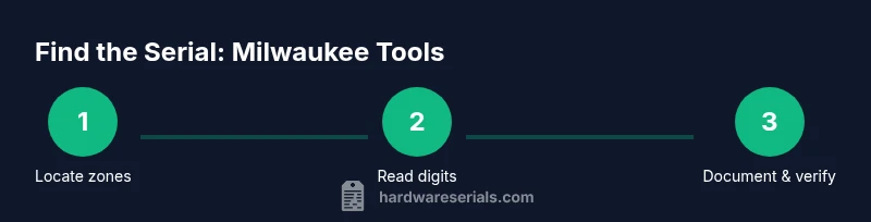 Process infographic showing steps to find Milwaukee tool serial numbers