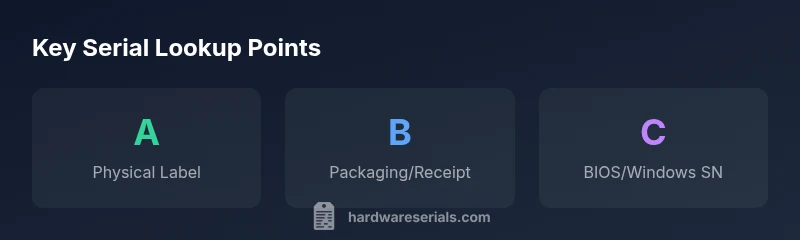 Infographic showing three serial lookup points: physical label, packaging, BIOS/Windows