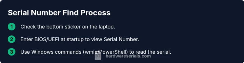Infographic showing a three-step process to find a Dell laptop serial number